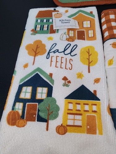 3 Pc Kitchen Towel Potholder Oven Mitt Set Welcome Gnome Fall Feels Pumpkin - Picture 2 of 7