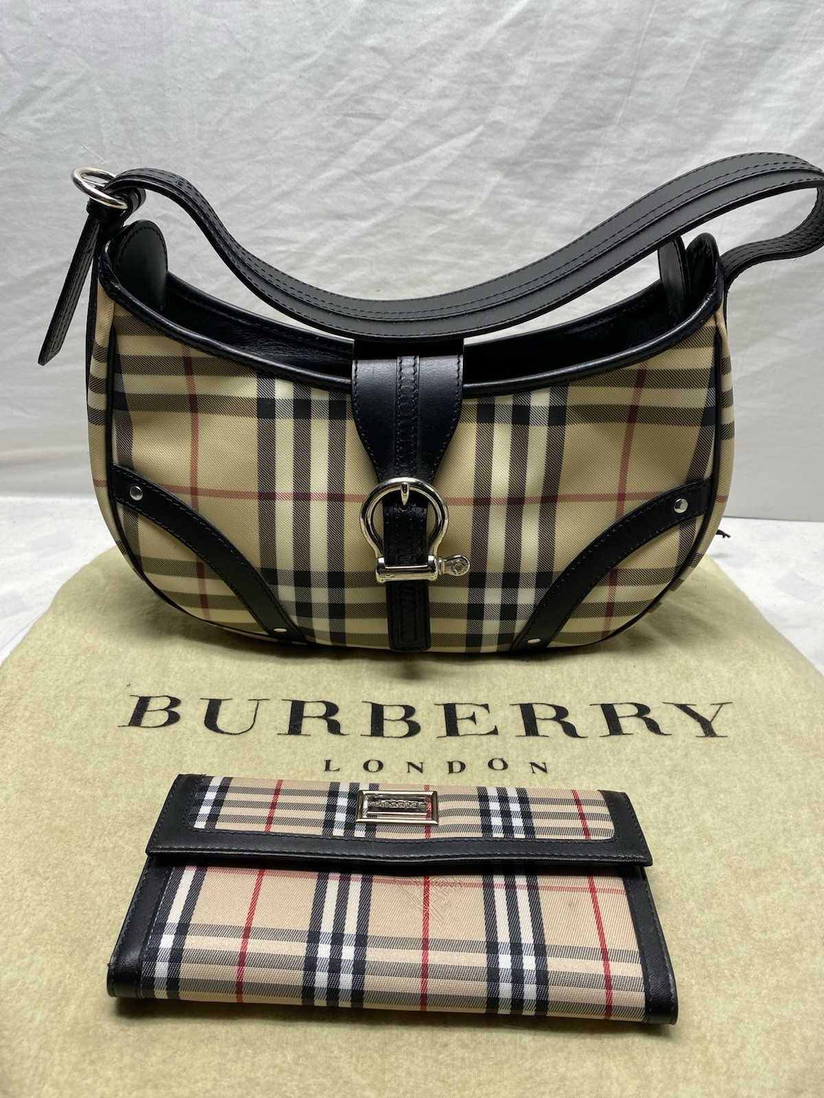 Burberry Check Buckle Mini Shoulder Hobo Bag w/ Nova Check Wallet Vintage 2000s