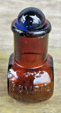 Antique Amber Glass Bovril Bottle 4 Oz Complete With Blue Glass Stopper