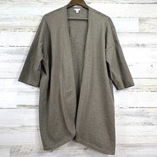 Pure Jill Cotton Linen Knit Cardigan Sweater Duster Open Front Gray Beige L