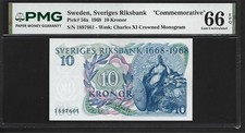 Sweden 10 Kronor 1968 PMG 66 EPQ UNC P#56a Sveriges Riksbank Commemorative