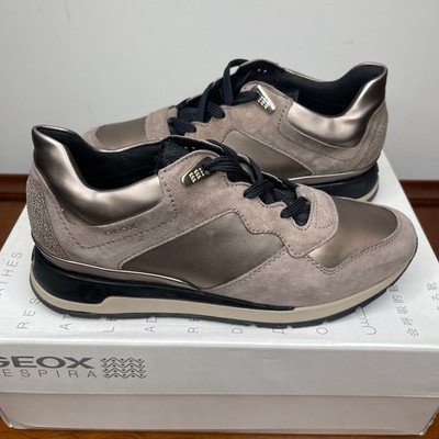 Geox Respira Shahira Lead Smoke Grey Metallic Suede Sneakers Womens 36/6