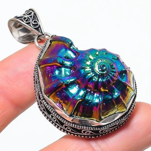 Ammolite Fossil Gemstone Vintage Pendant Handmade Beautiful Jewelry 2.3" VP 3010