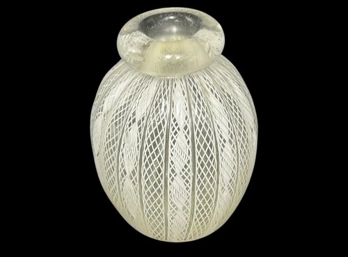 Vintage Murano Venetian Glass White Latticino Adventurine 2 7/8" Miniature Vase