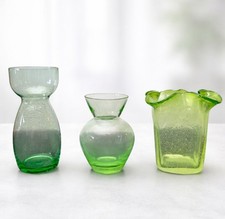 Set of 3 Vintage Handblown Green Glass Vases Ripple Bubble Art Glass
