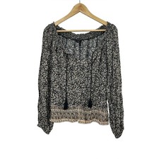 Lucky Brand Boho Tassel-Tie Floral Peasant Top - Black/Cream in Medium