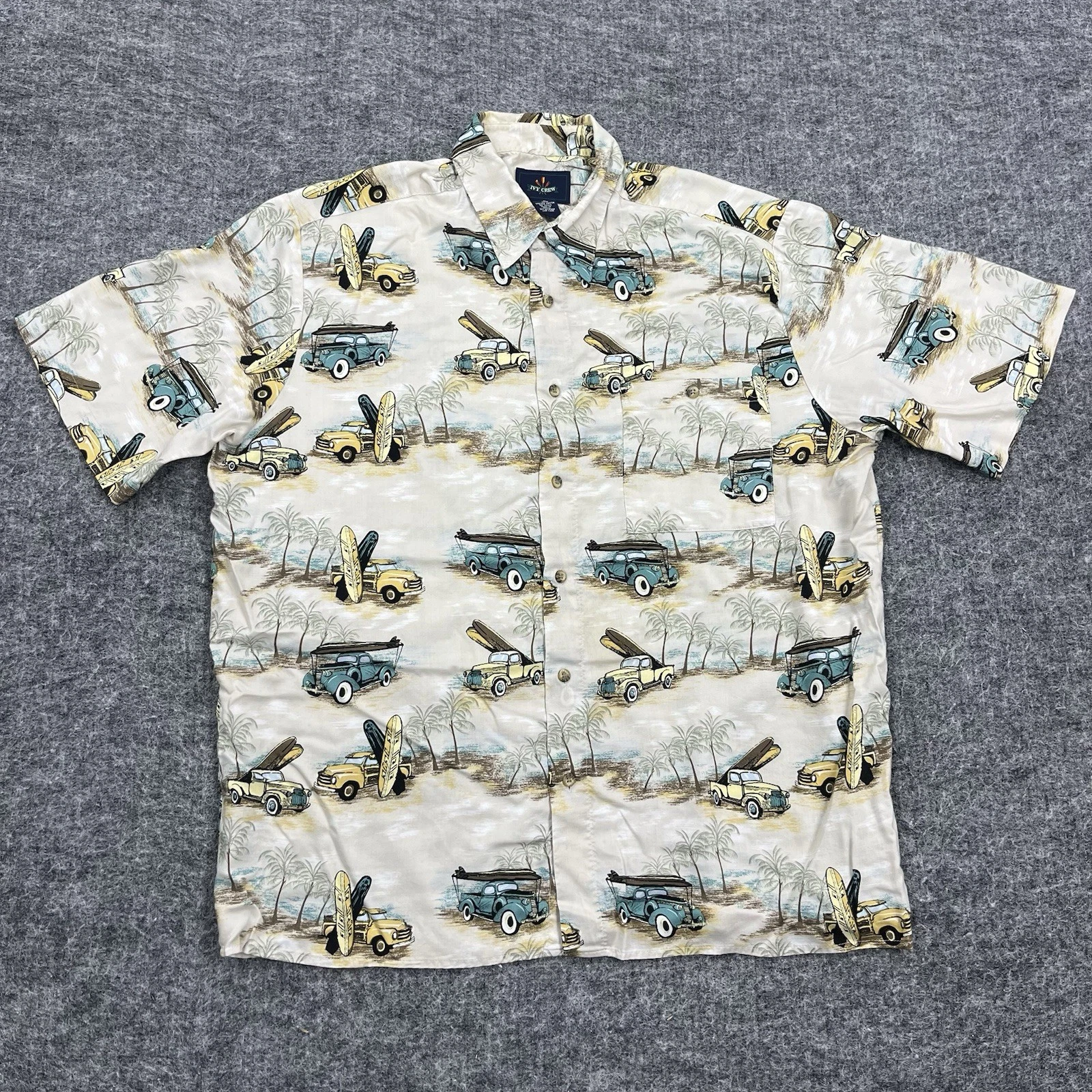 Vintage Ivy Crew Hawaiian Shirt Mens Large Beach Surfboards Woody Camp Party