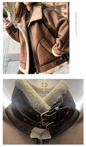 Streetwear Mujeres Imitación Cuero Cordero Lana Chaquetas Motocicleta Abrigos Cortos Outwear - Imagen 8 de 11