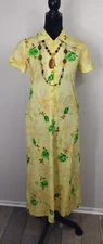 Vtg 60s House Dress Floral Yellow Groovy Sm/Med