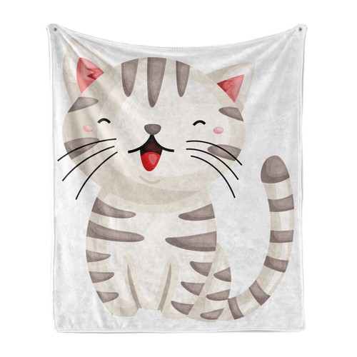 Cat Soft Flannel Fleece Throw Blanket Happy Cartoon with Stripes eBay