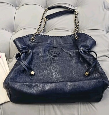 Tory Burch Navy Blue X Large Pebbled Leather Double Cha8n Strap Tote Bag Purse