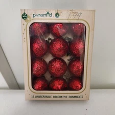 Vintage Pyramid Red Frosted Sugared Small Snowball Christmas Ball Ornaments Box