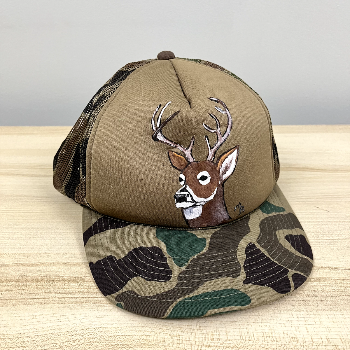 Vintage DEER Hat Snapback Cap Brown Camo Mesh Trucker Hand Painted