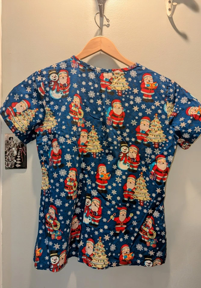 Peaches Uniform Scrub Top M Christmas Santa Trees Sparkles Blue - Image 4 of 4
