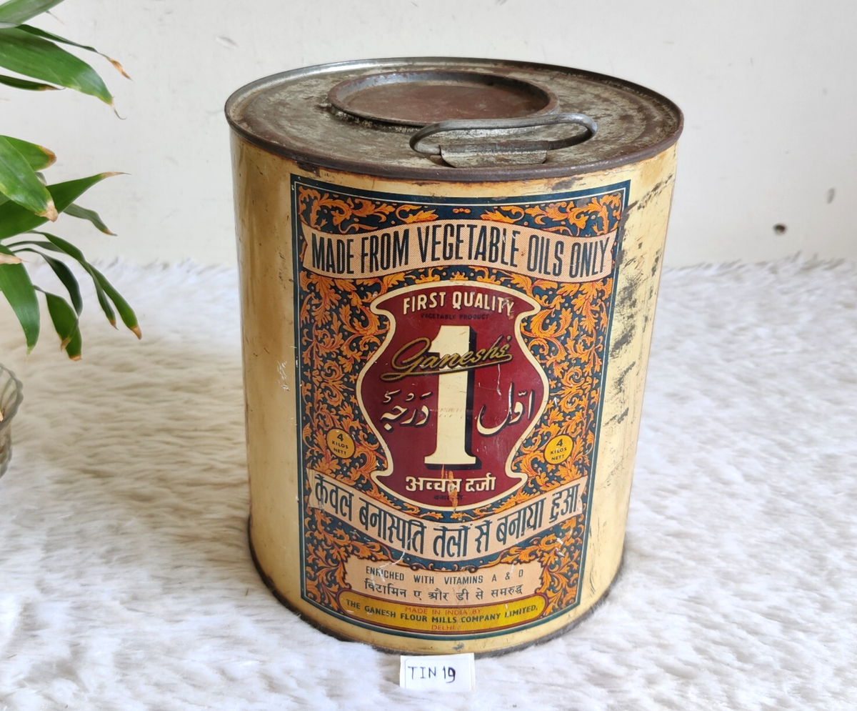 Vintage Ganesh Vanaspati Vegetable Oil Advertising Tin Box Round