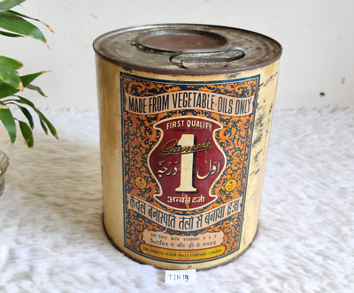 USA Antique NEWYORK BUCHANAN&LYALL TIN缶 Vintage Ganesh Vanaspati Vegetable Oil Advertising Tin Box Round