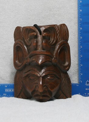 Vintage 90s Guatemalan Wood Mask Headdress Feathers Hand Carved Fort Filippe