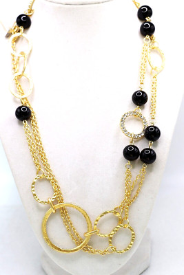 Karine Sultan Gold Link Chain 24kt Gold Plate Black Bead  41-43'' Necklace NEW
