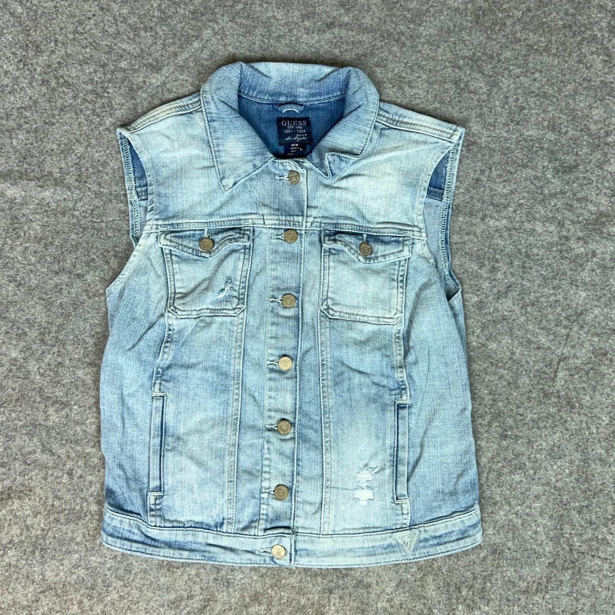 Guess Womens Jacket Medium Blue Denim Jean Button Vest Designer
