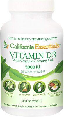  Vitamin D3 5000 IU (125mcg) Softgels with Organic Coconut Oil | Immune Support 
