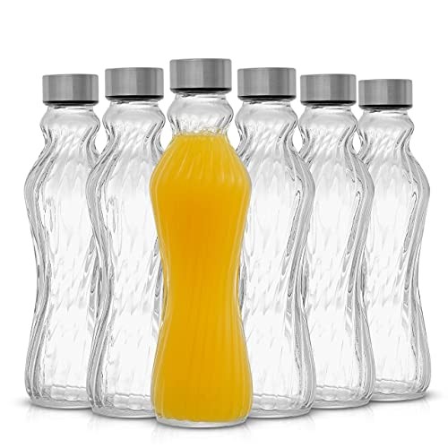 Set Of 6-18 Oz Glass Bottles With Stainless Steel Fluted Gla