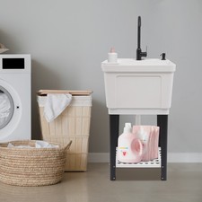 White Laundry Utility Sink Tub Sink Freestanding Wash Station W/ Faucet Soap Box