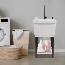 White Laundry Utility Sink Tub Sink Freestanding Wash Station W/ Faucet&Soap Box
