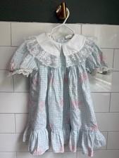 Vintage Floral Dress Lace Collar Puff Sleeve Ruffle. Blue with pink Flowers