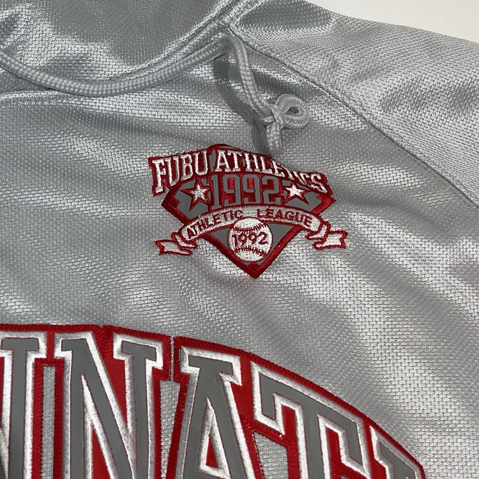 Vintage 90s Y2K Silver Men’s Xxl Fubu Cincinnati Reds Baseball Hooded Sweatshirt - Image 2 of 4