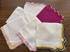 6 vintage ladies hankies handkerchief hand crocheted edges pink purple yellow