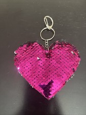 Reversible Fuchsia/Silver Sequin Heart Keychain/Purse Charm 4 Inches x 3 Inches