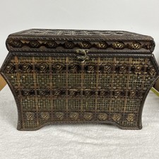 Vintage Decorative Storage Basket Box Braided wood 14x21”x11” Metal Ornate Clasp