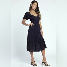 Lulus Simply a Sensation Dark Navy Blue Puff Sleeve Cottagecore Boho Midi Dress