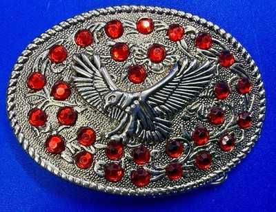 Flying Bald Eagle Spreading Wings W/ Red Rhinestone Accents Patriots Belt Buckle
