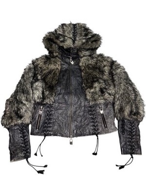 ファージャケット black archive opium y2k Vtg Akademiks Leather Fur Corset Jacket Bondage If Six Was Nine