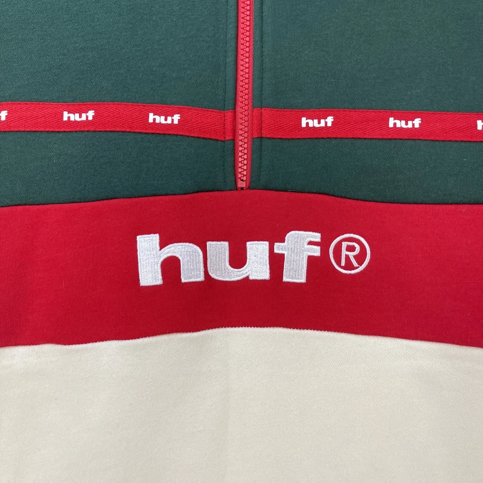 Sudadera HUF Grabada Para Hombre 1/4 Cremallera Verde Rojo Blanco Para Hombre Talla Grande L Patín Foto 3 de 4