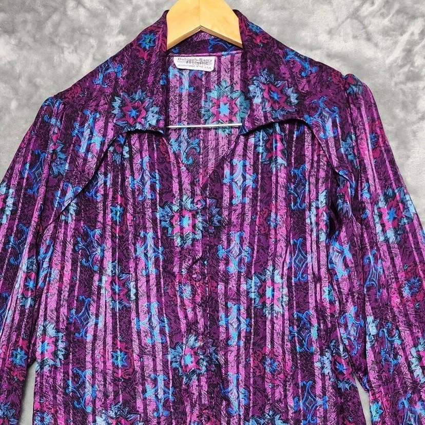 Винтажный 80-х Deborah Barry Топ женщин M фиолетовый синий в полоску цветочный в полоску галстук - Изображение 2 из 4