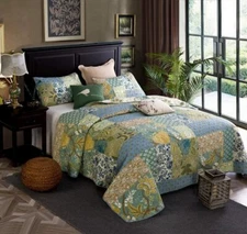 NEW! ~ COZY GREEN BLUE TEAL PALM LEAF NAVY SAGE BROWN TROPICAL BEACH QUILT SET