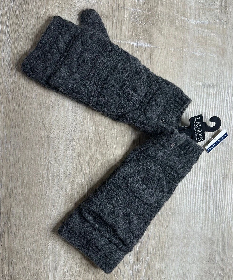 NWT Polo Ralph Lauren Womens Gloves Gray One Size Mittens Knit Flip Top