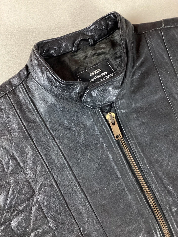 Vintage Sears Leather Biker Jacket Cafe Racer Jacket Made in Canada Size 42 - Image 2 of 4