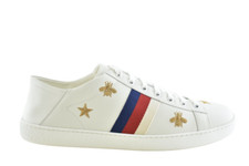 Gucci New Ace White Star Bee Gold GG Logo Flat Low Top Lace Up Tie Sneaker 42