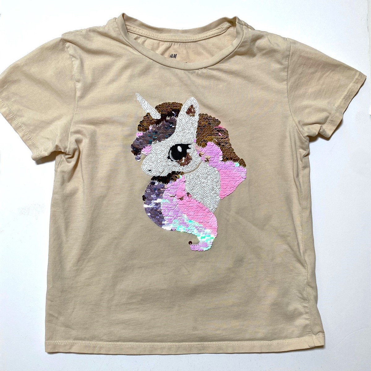 H M Girls Light Beige Unicorn Sequin Graphic 100% Cotton T-Shirt