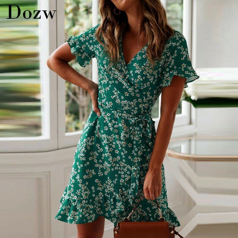 Women Dresses Summer V Neck Short Sleeve A Line Mini Dress Wrap Sundress | eBay UK Women Dresses Summer V Neck Short Sleeve A Line Mini Dress Wrap Sundress | eBay UK