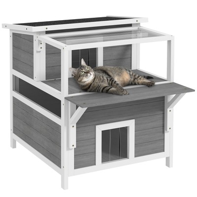 2-Story Outdoor Cat House Feral Cat Shelter with Balcony Waterproof Escape Doors