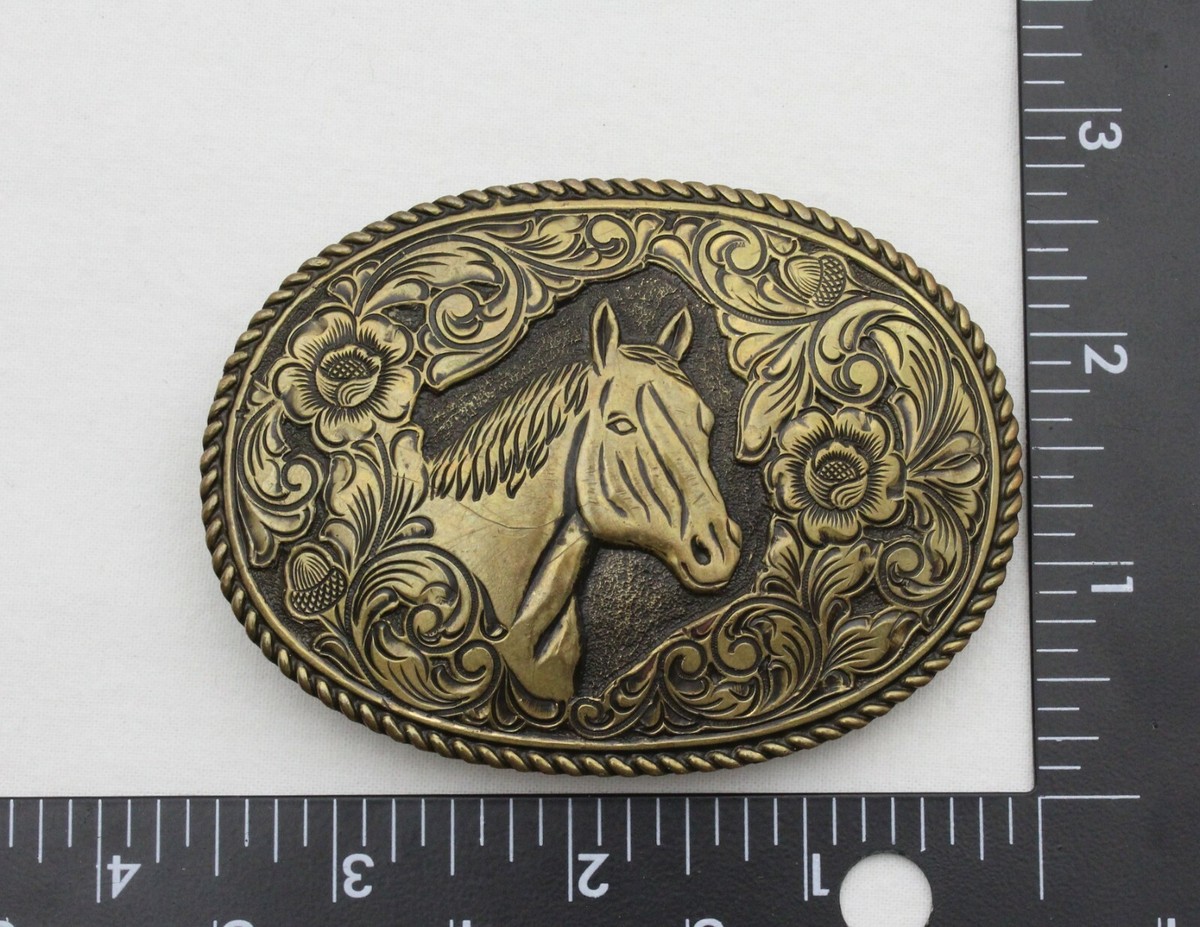 Vintage Metal Belt Buckle Silver Crumrine El Arturo Bronze Horse. Crumrine El Arturo Bronze Cowboy Holding A Horse Belt Buckle  main image 4