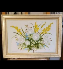 Vintage 41x30 SIGNED Edwards Oil Canvas Painting Flower Bouquet Wooden  FRAME 