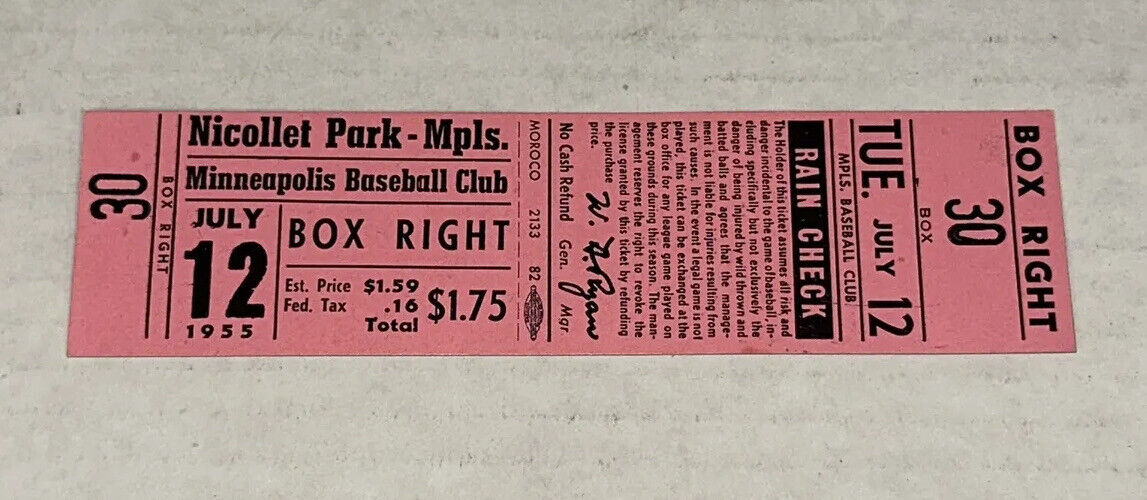 7/12/55 Minneapolis Millers Baseball Club Nicollet Park Box Ticket Stub  IRVIN HR
