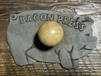 Vintage Cast Iron Bacon Press Pig Shaped w/ Wooden Handle