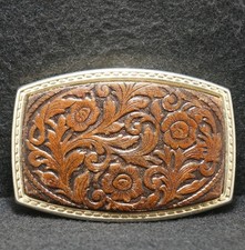 WH03126 NOS VERY COOL VINTAGE 1970s FLORAL LEATHER UNISEX FASHION BELT BUCKLE