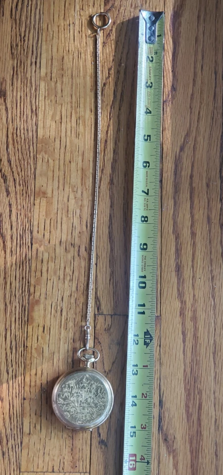 RARE Bucherer Swiss Made Pocket Watch 2 Sided Floral Cow 12" Chain 1/20 12k Gold - Image 2 of 4